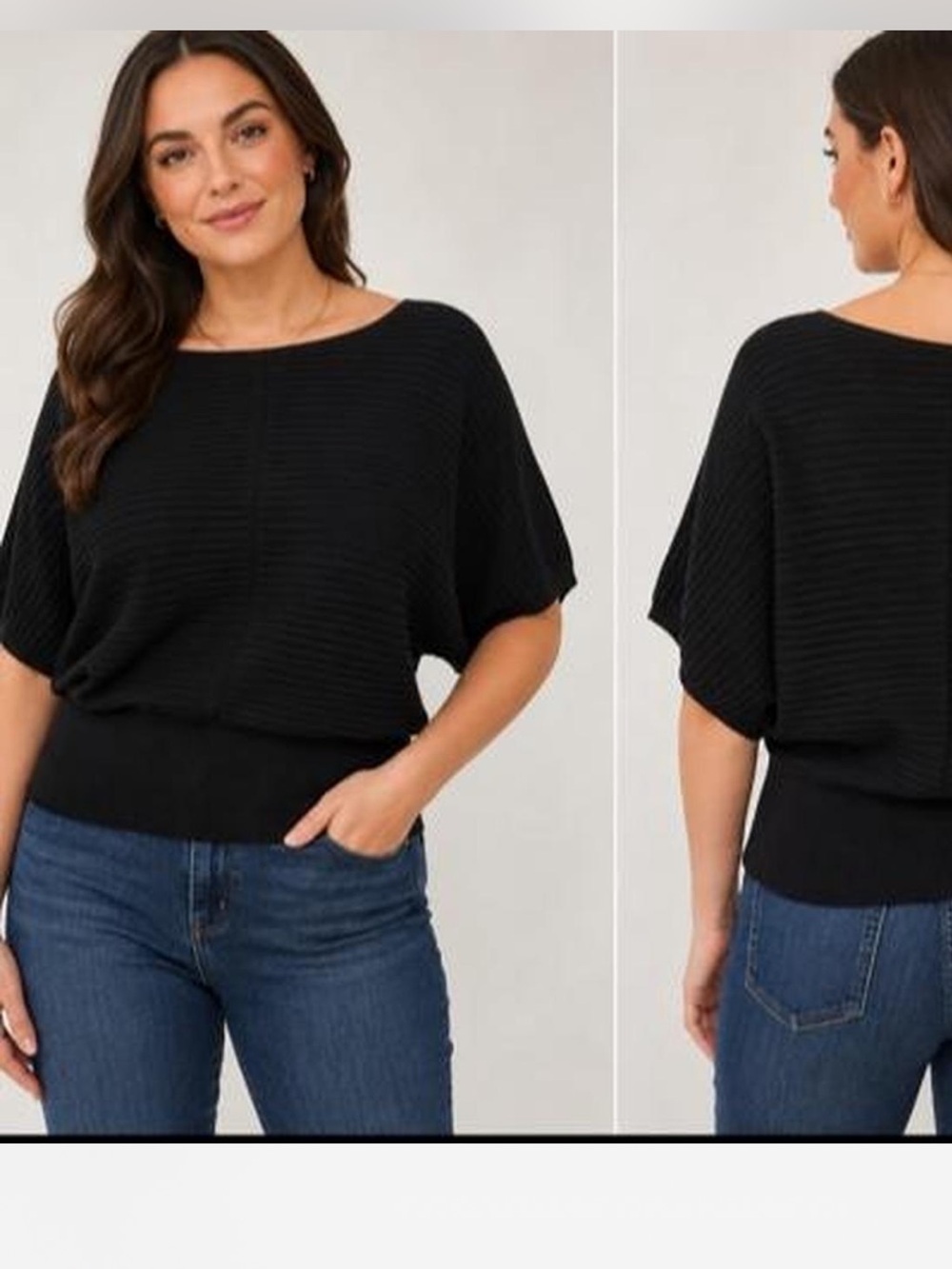 Tahari Black Ribbed Boatneck Dolman sleeve Sweater